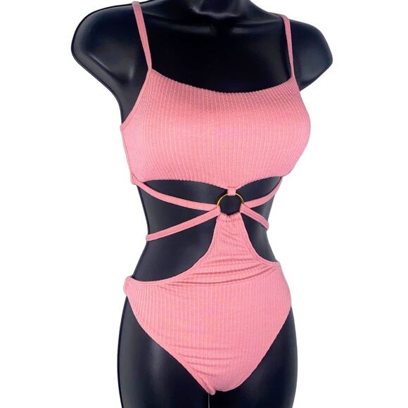 New Medium Pink Ribbed O-Ring Cut-out Open One Piece Swimsuit Strappy Tie Padded - Picture 1 of 5